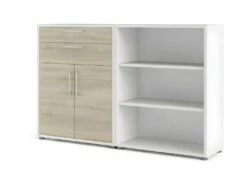 Prisme Étagère De Bureau 2 Tiroirs, 2 Portes Et 3 Tablettes De Rangement, Blanc, Finition Chêne.