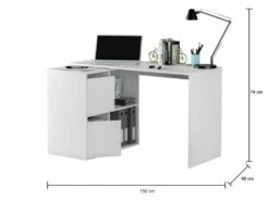 Bureau Divkovi, Bureau Modulable Avec étagère, Table D'étude Ou De Bureau Multi-positions Avec Assemblage D'angle, 152x49h74 Cm, Blanc -mobilier de bureau Shop meuble bureau 22752459