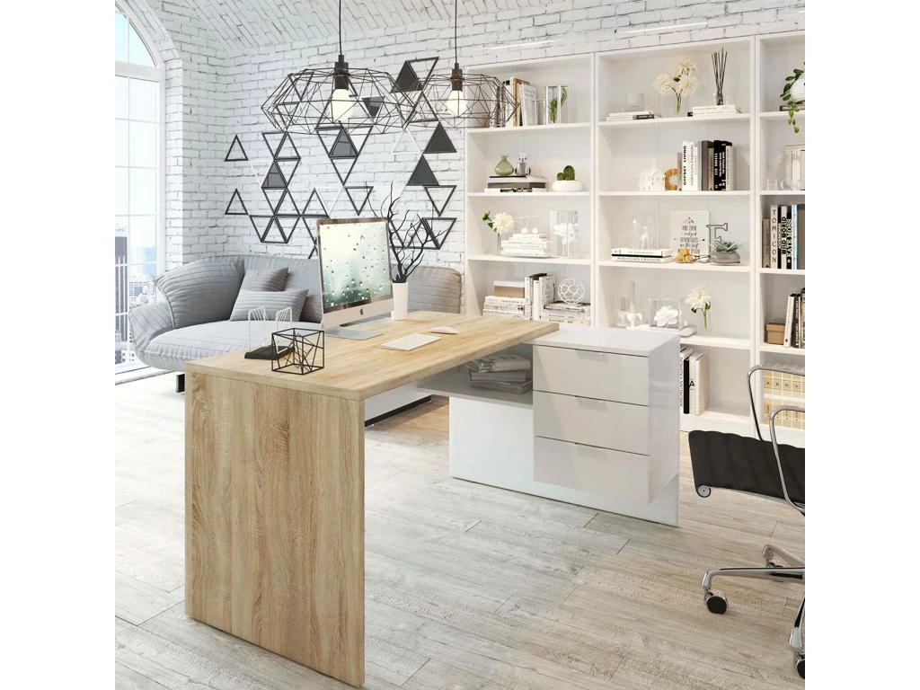 Bureau Dafage, Bureau Réversible Avec Commode, Bureau D'angle Ou Table PC De Bureau, 145x108h73 Cm, Chêne Et Blanc 2 Bureau Dafage, Bureau Réversible Avec Commode, Bureau D'angle Ou Table PC De Bureau, 145x108h73 Cm, Chêne Et Blanc – Image 2
