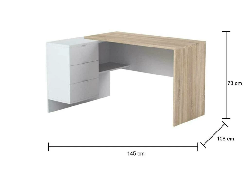 Bureau Dafage, Bureau Réversible Avec Commode, Bureau D'angle Ou Table PC De Bureau, 145x108h73 Cm, Chêne Et Blanc 3 Bureau Dafage, Bureau Réversible Avec Commode, Bureau D'angle Ou Table PC De Bureau, 145x108h73 Cm, Chêne Et Blanc – Image 3