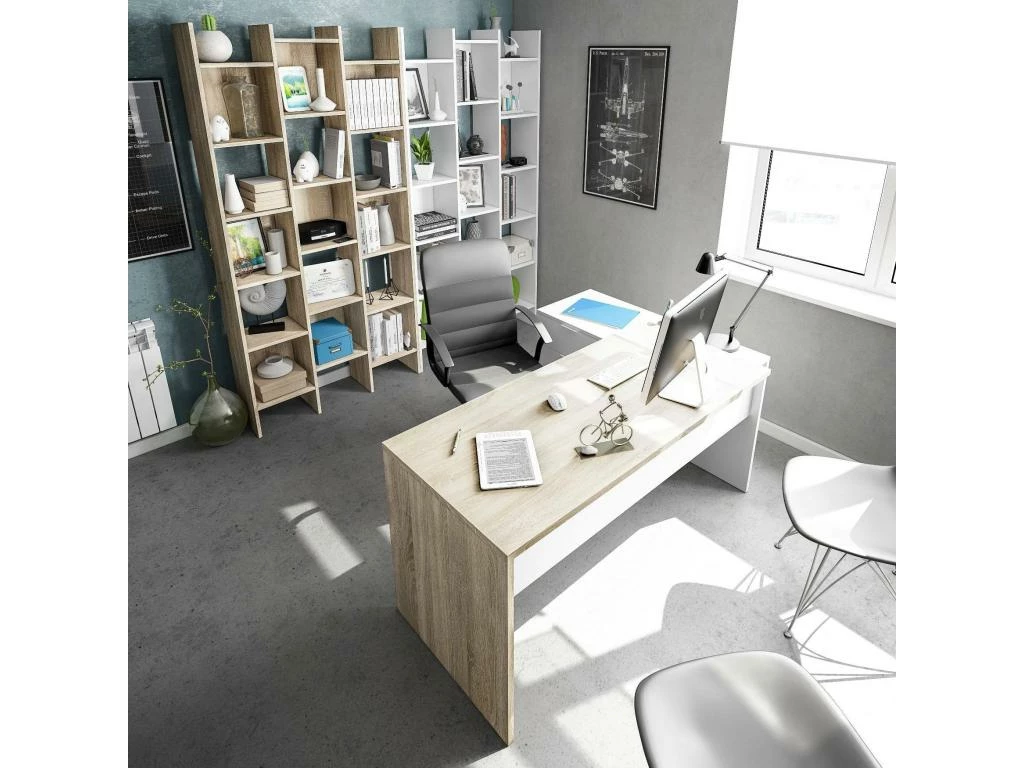 Bureau Dafage, Bureau Réversible Avec Commode, Bureau D'angle Ou Table PC De Bureau, 145x108h73 Cm, Chêne Et Blanc 4 Bureau Dafage, Bureau Réversible Avec Commode, Bureau D'angle Ou Table PC De Bureau, 145x108h73 Cm, Chêne Et Blanc – Image 4