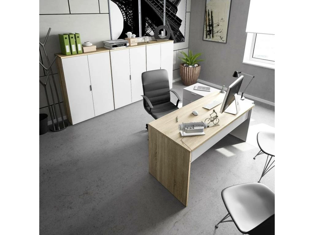 Bureau Dafage, Bureau Réversible Avec Commode, Bureau D'angle Ou Table PC De Bureau, 145x108h73 Cm, Chêne Et Blanc 5 Bureau Dafage, Bureau Réversible Avec Commode, Bureau D'angle Ou Table PC De Bureau, 145x108h73 Cm, Chêne Et Blanc – Image 5