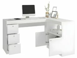 Bureau D'Angle Blanc Caisson 3 Tiroirs Et Armoirette