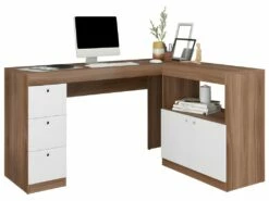 Bureau D'Angle Châtaignier Et Blanc Caisson 3 Tiroirs Et Armoirette