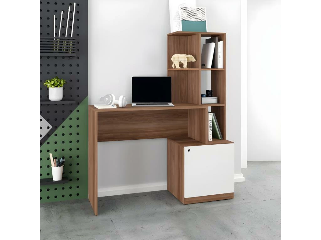 Bureau Châtaignier Blanc Bibliothèque 6 Niches Et 1 Caisson Intégrés 3 Bureau Châtaignier Blanc Bibliothèque 6 Niches Et 1 Caisson Intégrés – Image 3