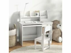 Bureau Enfant Multi-rangement - Ensemble Bureau, Chaise, étagère - Tiroir, Plateau Coulissant, 2 Niches, 2 étagères, 2 Présentoirs Livres - Blanc