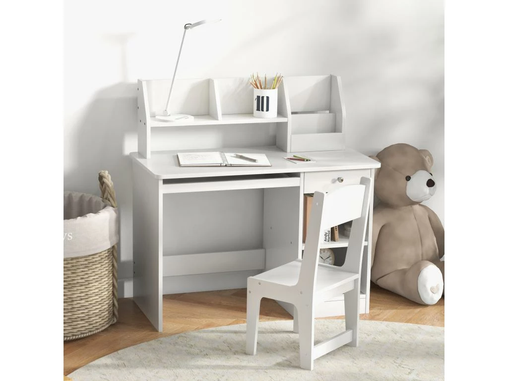 Bureau Enfant Multi-rangement - Ensemble Bureau, Chaise, étagère - Tiroir, Plateau Coulissant, 2 Niches, 2 étagères, 2 Présentoirs Livres - Blanc 1 Bureau Enfant Multi-rangement - Ensemble Bureau, Chaise, étagère - Tiroir, Plateau Coulissant, 2 Niches, 2 étagères, 2 Présentoirs Livres - Blanc