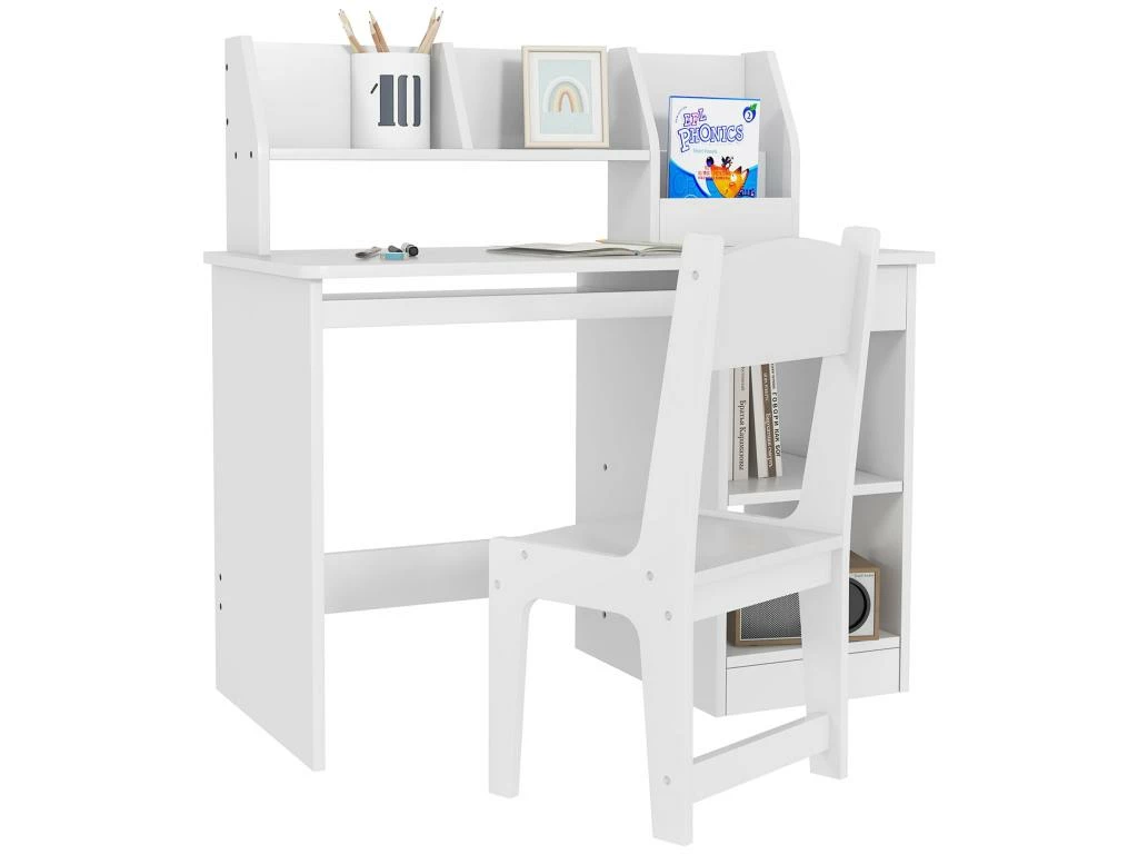 Bureau Enfant Multi-rangement - Ensemble Bureau, Chaise, étagère - Tiroir, Plateau Coulissant, 2 Niches, 2 étagères, 2 Présentoirs Livres - Blanc 2 Bureau Enfant Multi-rangement - Ensemble Bureau, Chaise, étagère - Tiroir, Plateau Coulissant, 2 Niches, 2 étagères, 2 Présentoirs Livres - Blanc – Image 2