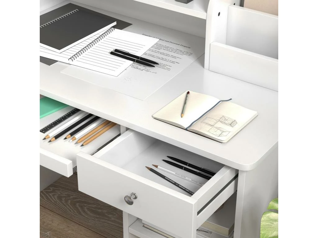 Bureau Enfant Multi-rangement - Ensemble Bureau, Chaise, étagère - Tiroir, Plateau Coulissant, 2 Niches, 2 étagères, 2 Présentoirs Livres - Blanc 4 Bureau Enfant Multi-rangement - Ensemble Bureau, Chaise, étagère - Tiroir, Plateau Coulissant, 2 Niches, 2 étagères, 2 Présentoirs Livres - Blanc – Image 4