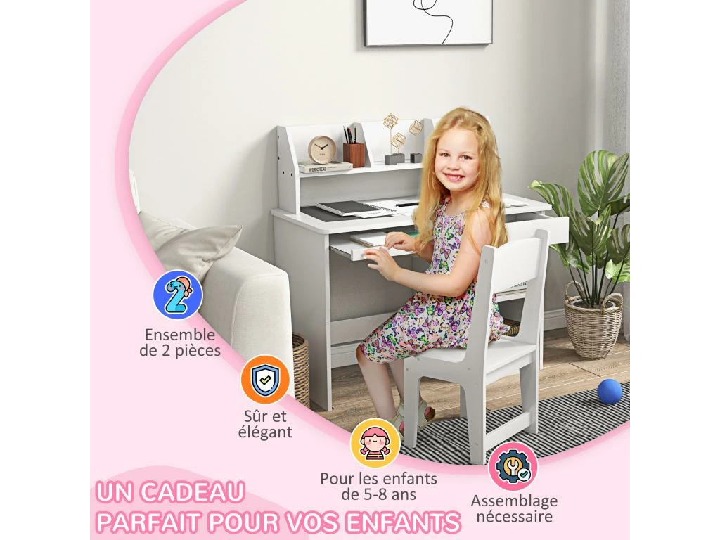 Bureau Enfant Multi-rangement - Ensemble Bureau, Chaise, étagère - Tiroir, Plateau Coulissant, 2 Niches, 2 étagères, 2 Présentoirs Livres - Blanc 6 Bureau Enfant Multi-rangement - Ensemble Bureau, Chaise, étagère - Tiroir, Plateau Coulissant, 2 Niches, 2 étagères, 2 Présentoirs Livres - Blanc – Image 6