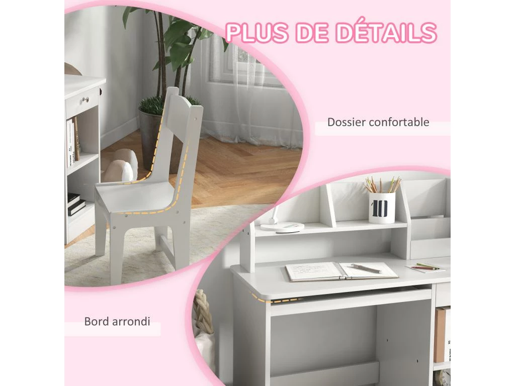 Bureau Enfant Multi-rangement - Ensemble Bureau, Chaise, étagère - Tiroir, Plateau Coulissant, 2 Niches, 2 étagères, 2 Présentoirs Livres - Blanc 7 Bureau Enfant Multi-rangement - Ensemble Bureau, Chaise, étagère - Tiroir, Plateau Coulissant, 2 Niches, 2 étagères, 2 Présentoirs Livres - Blanc – Image 7