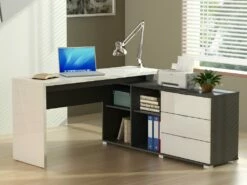 Bureau D'angle Avec Rangements PIVOLA II - 3 Tiroirs - Blanc Et Anthracite
