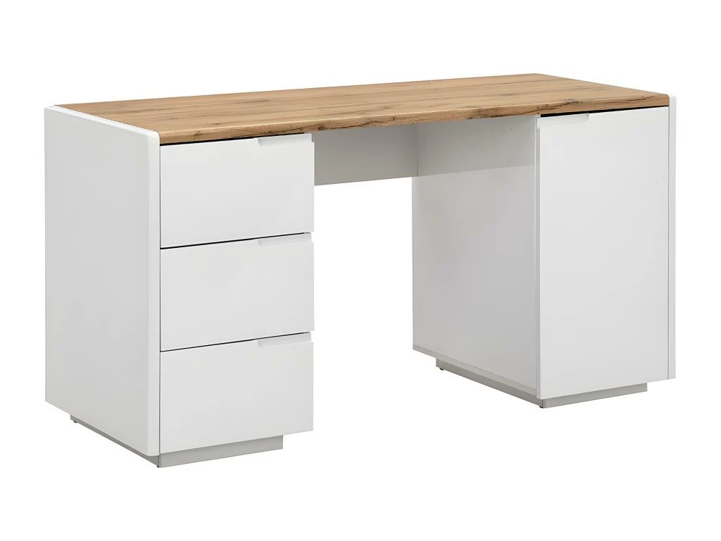Bureau AMANI - 3 Tiroirs Et 1 Porte - MDF - Blanc Laqué Et Chêne 2 Bureau AMANI - 3 Tiroirs Et 1 Porte - MDF - Blanc Laqué Et Chêne – Image 2