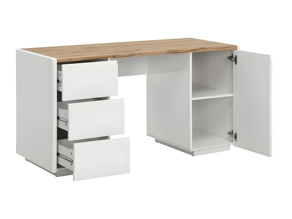Bureau AMANI - 3 Tiroirs Et 1 Porte - MDF - Blanc Laqué Et Chêne 3 Bureau AMANI - 3 Tiroirs Et 1 Porte - MDF - Blanc Laqué Et Chêne – Image 3
