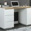 Bureau AMANI - 3 Tiroirs Et 1 Porte - MDF - Blanc Laqué Et Chêne