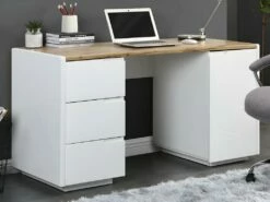 Bureau AMANI - 3 Tiroirs Et 1 Porte - MDF - Blanc Laqué Et Chêne