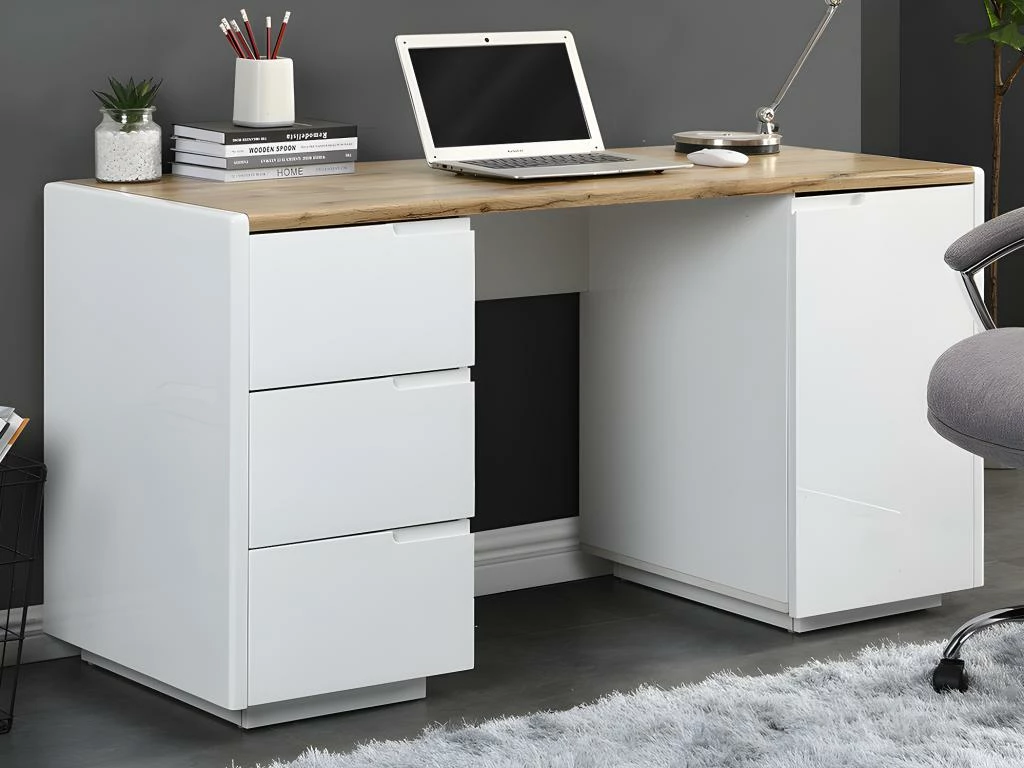 Bureau AMANI - 3 Tiroirs Et 1 Porte - MDF - Blanc Laqué Et Chêne 1 Bureau AMANI - 3 Tiroirs Et 1 Porte - MDF - Blanc Laqué Et Chêne
