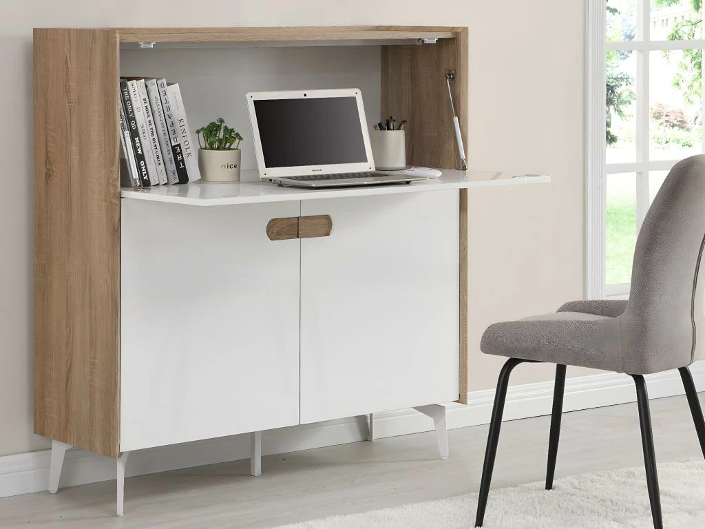 Secrétaire Avec 3 Portes - MDF Et Métal - Coloris : Naturel Et Blanc - DERELIS 2 Secrétaire Avec 3 Portes - MDF Et Métal - Coloris : Naturel Et Blanc - DERELIS – Image 2