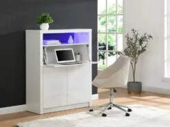Secrétaire Avec 2 Portes - Avec LEDs - MDF - Blanc Lacqué - MELIONA