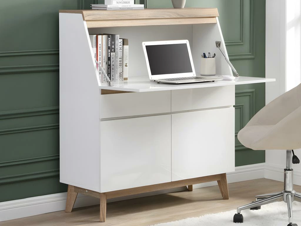 Secrétaire Avec 2 Portes Et 2 Tiroirs - MDF - Blanc Et Naturel - RILESA 2 Secrétaire Avec 2 Portes Et 2 Tiroirs - MDF - Blanc Et Naturel - RILESA – Image 2