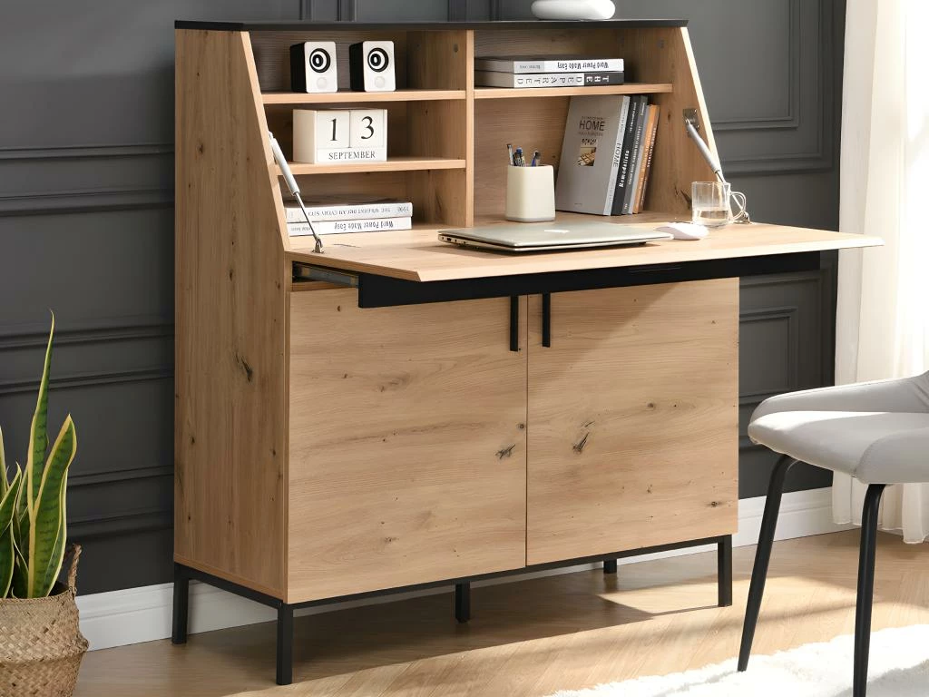 Secrétaire Avec 2 Portes - MDF - Naturel Et Noir - MALEDA 2 Secrétaire Avec 2 Portes - MDF - Naturel Et Noir - MALEDA – Image 2