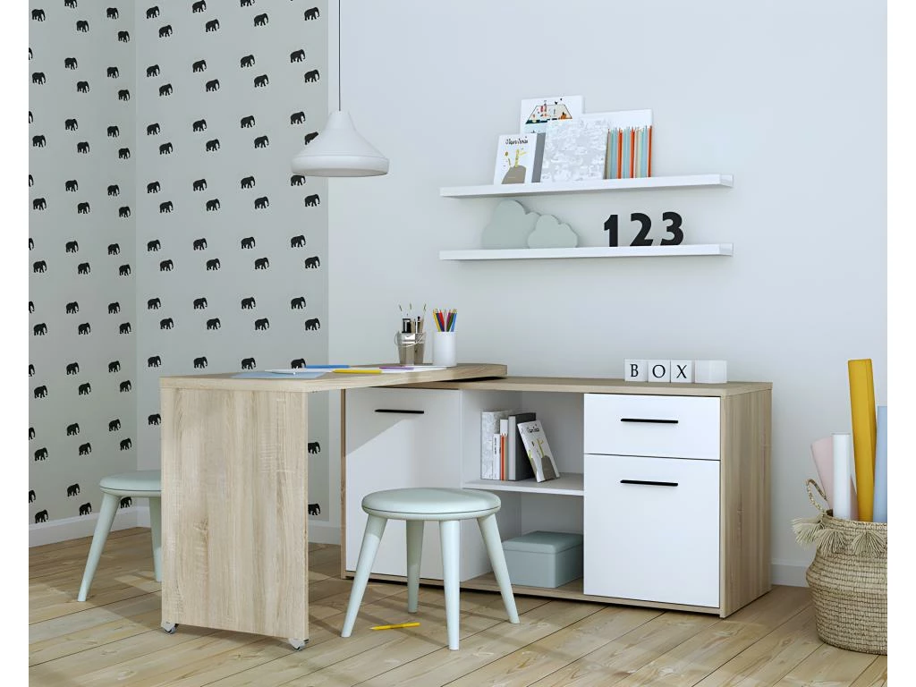 Bureau D'angle Rotatif 144 Cm à 232 Cm Décor Bois Et Blanc - ALKIRA 2 Bureau D'angle Rotatif 144 Cm à 232 Cm Décor Bois Et Blanc - ALKIRA – Image 2