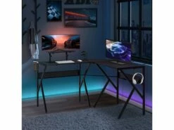 HOMCOM Bureau Gaming D'angle Bureau Gamer Bureau Informatique Bracket Casque Porte-gobelet étagère écran Réglable Métal Panneaux Texture Carbone Noir