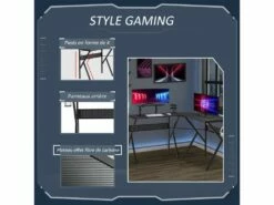 HOMCOM Bureau Gaming D'angle Bureau Gamer Bureau Informatique Bracket Casque Porte-gobelet étagère écran Réglable Métal Panneaux Texture Carbone Noir -mobilier de bureau Shop meuble bureau 9550387