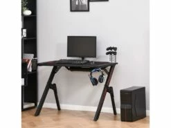 HOMCOM Bureau Gaming Bureau Gamer Bureau Informatique Bracket Support Casque Porte-gobelet Et Tapis Souris Fournis Métal MDF Noir Rouge