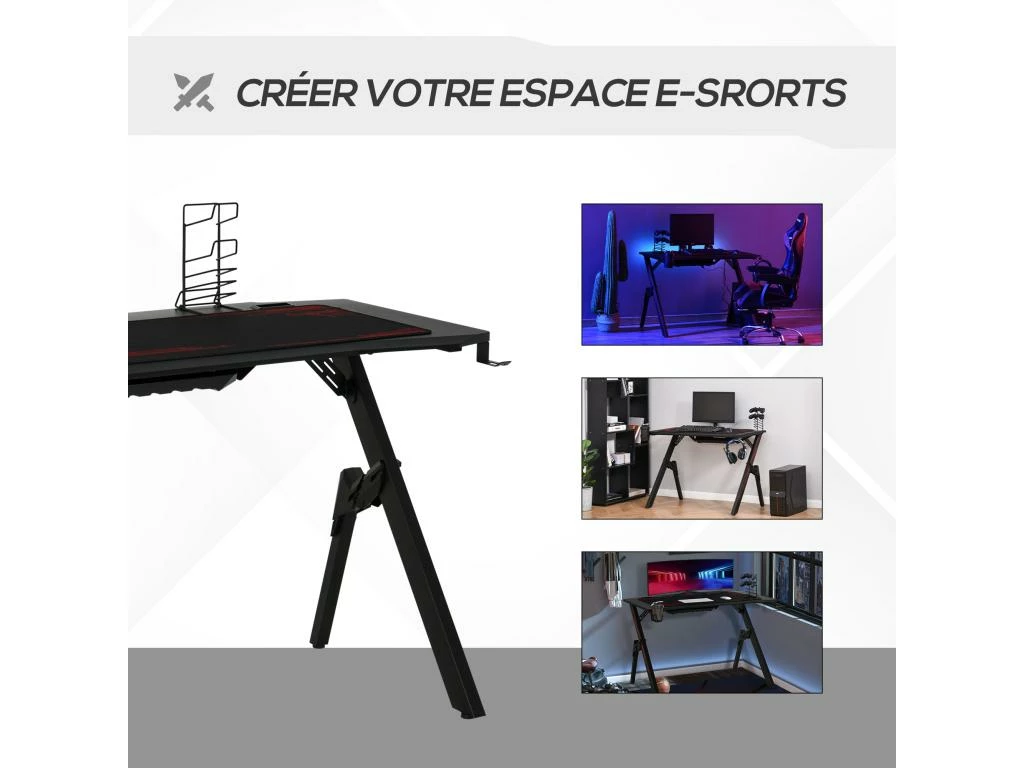 HOMCOM Bureau Gaming Bureau Gamer Bureau Informatique Bracket Support Casque Porte-gobelet Et Tapis Souris Fournis Métal MDF Noir Rouge 4 HOMCOM Bureau Gaming Bureau Gamer Bureau Informatique Bracket Support Casque Porte-gobelet Et Tapis Souris Fournis Métal MDF Noir Rouge – Image 4