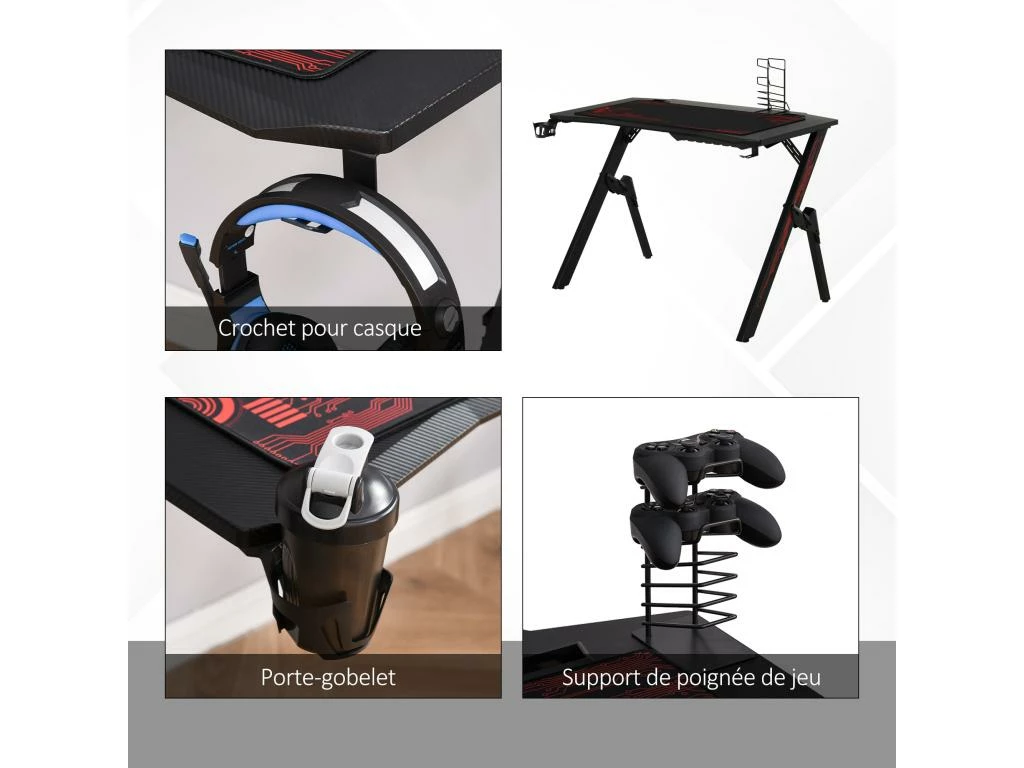 HOMCOM Bureau Gaming Bureau Gamer Bureau Informatique Bracket Support Casque Porte-gobelet Et Tapis Souris Fournis Métal MDF Noir Rouge 5 HOMCOM Bureau Gaming Bureau Gamer Bureau Informatique Bracket Support Casque Porte-gobelet Et Tapis Souris Fournis Métal MDF Noir Rouge – Image 5
