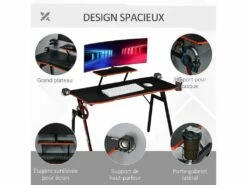 HOMCOM Bureau Gaming Bureau Gamer Bureau Informatique Bracket Casque Enceintes Porte-gobelet Grand Plateau MDF Texture Carbone + étagère écran Châssis Acier Rouge Noir -mobilier de bureau Shop meuble bureau 9550447