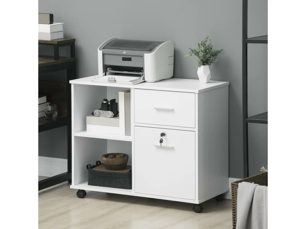 Support D'imprimante Organiseur Bureau Caisson Avec 2 Tiroirs Dont 1 Verrouillable Avec Clé 2 Niches Grand Plateau Dim 80L X 40l X 66,5H Cm Blanc 4 Support D'imprimante Organiseur Bureau Caisson Avec 2 Tiroirs Dont 1 Verrouillable Avec Clé 2 Niches Grand Plateau Dim 80L X 40l X 66,5H Cm Blanc – Image 4