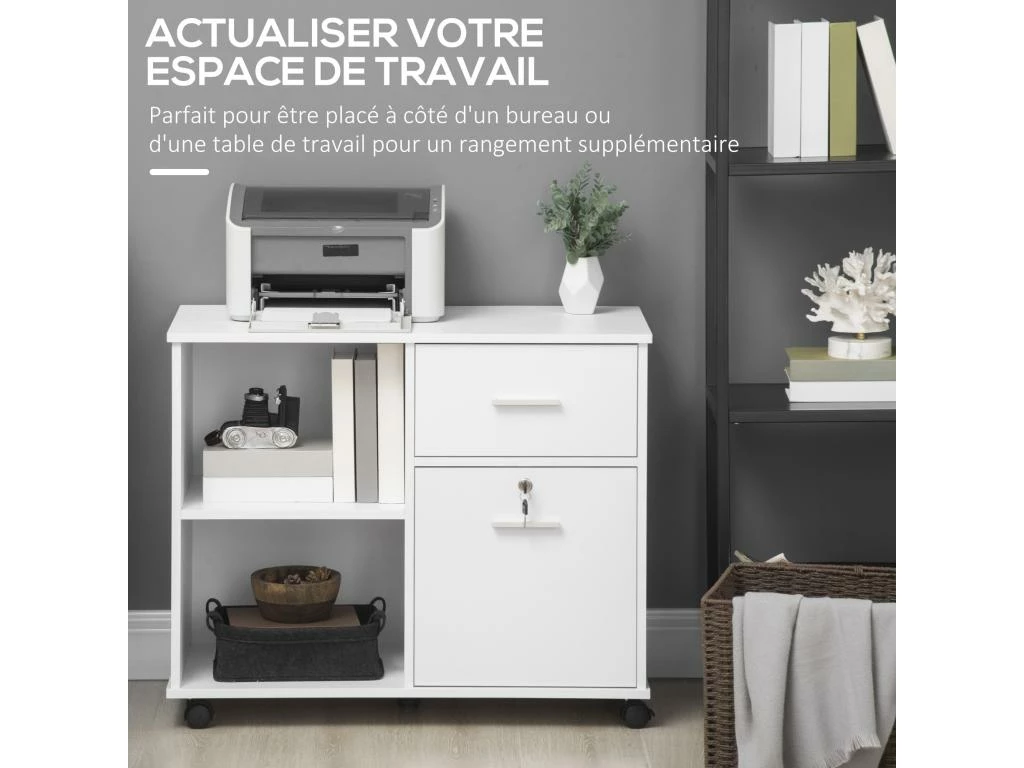 Support D'imprimante Organiseur Bureau Caisson Avec 2 Tiroirs Dont 1 Verrouillable Avec Clé 2 Niches Grand Plateau Dim 80L X 40l X 66,5H Cm Blanc 5 Support D'imprimante Organiseur Bureau Caisson Avec 2 Tiroirs Dont 1 Verrouillable Avec Clé 2 Niches Grand Plateau Dim 80L X 40l X 66,5H Cm Blanc – Image 5