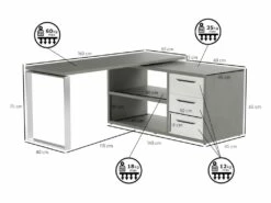 Bureau D'angle Réversible 3 Tiroirs Et 2 Niches Décor Gris Béton Et Blanc - NET -mobilier de bureau Shop meuble bureau 9556245