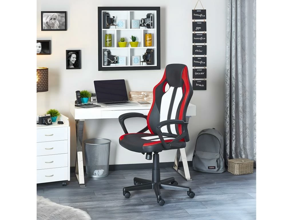 CORVET - Fauteuil Gamer Tissu Et Simili Noir, Blanc Et Rouge 2 CORVET - Fauteuil Gamer Tissu Et Simili Noir, Blanc Et Rouge – Image 2
