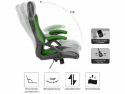Chaise De Bureau Fauteuil Gamer Noir Vert Simili-cuir 120x66x63 -mobilier de bureau Shop siege de bureau 12523543