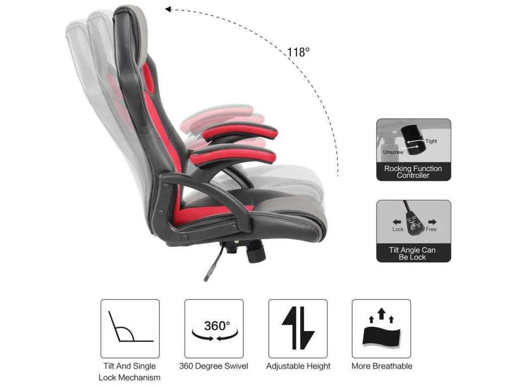 Chaise De Bureau Gaming Siège Noir Rouge Simili-cuir 120x66x63 7 Chaise De Bureau Gaming Siège Noir Rouge Simili-cuir 120x66x63 – Image 7