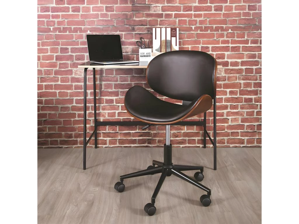 ROKIA - Chaise De Bureau Simili Noir Marbré Et Contreplaqué Marron 2 ROKIA - Chaise De Bureau Simili Noir Marbré Et Contreplaqué Marron – Image 2