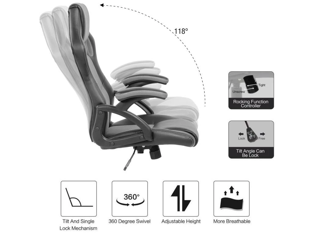 Siège De Direction Chaise Bureau Noir Gris Simili-cuir 120x66x63 5 Siège De Direction Chaise Bureau Noir Gris Simili-cuir 120x66x63 – Image 5