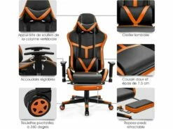 Chaise Gaming Cuir PVC, Siège Gamer Pivotante Ergonomique, Lombaire Charge 150kg Orange -mobilier de bureau Shop siege de bureau 13837509