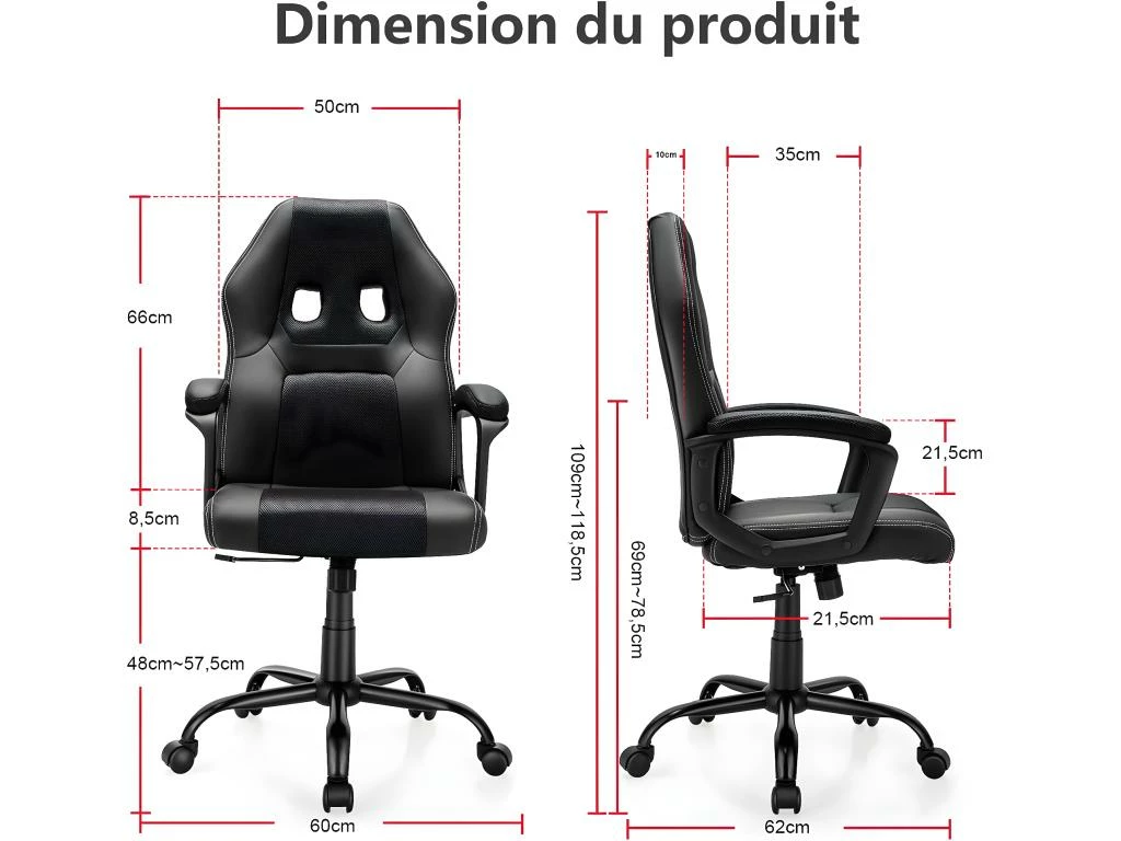 Chaise Gamer, Fauteuil De Bureau Réglable Pivontant Avec Dossier Ergonomique , Pour Maison, Bureau 5 Chaise Gamer, Fauteuil De Bureau Réglable Pivontant Avec Dossier Ergonomique , Pour Maison, Bureau – Image 5