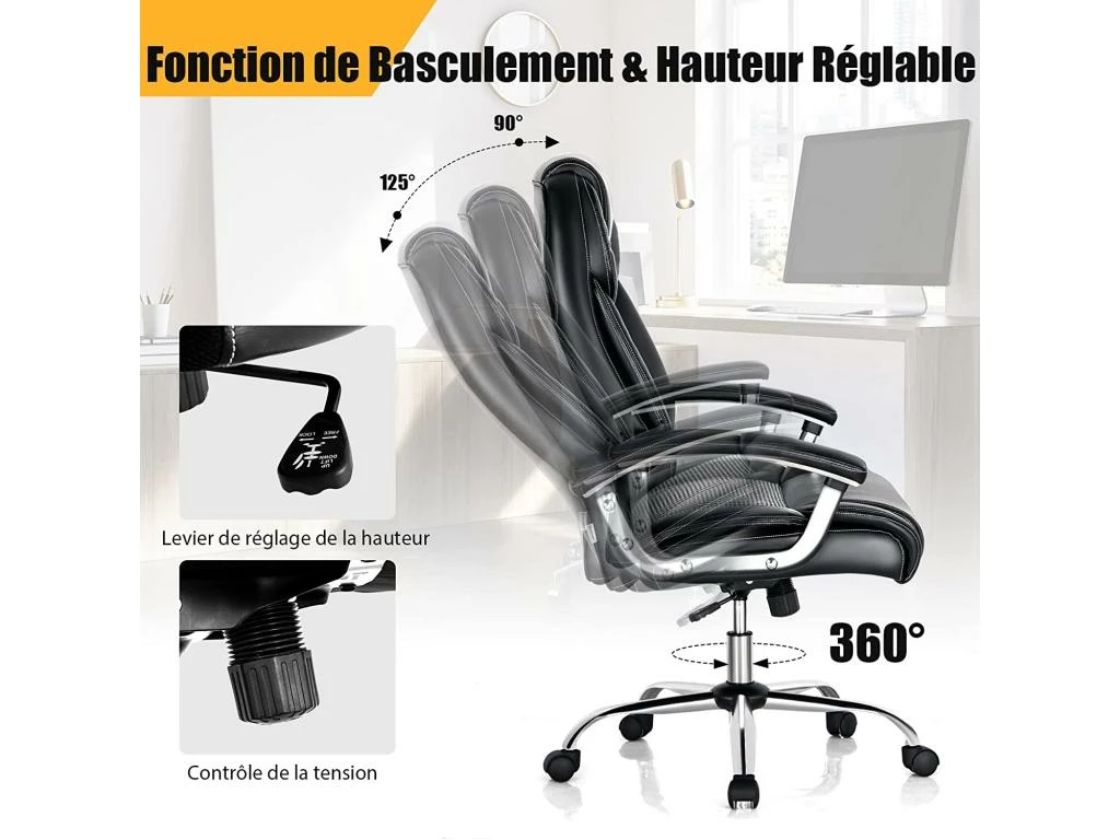 Chaise De Bureau à Dossier Haut, Fauteuil à Bascule Réglable En Hauteur 2 Chaise De Bureau à Dossier Haut, Fauteuil à Bascule Réglable En Hauteur – Image 2