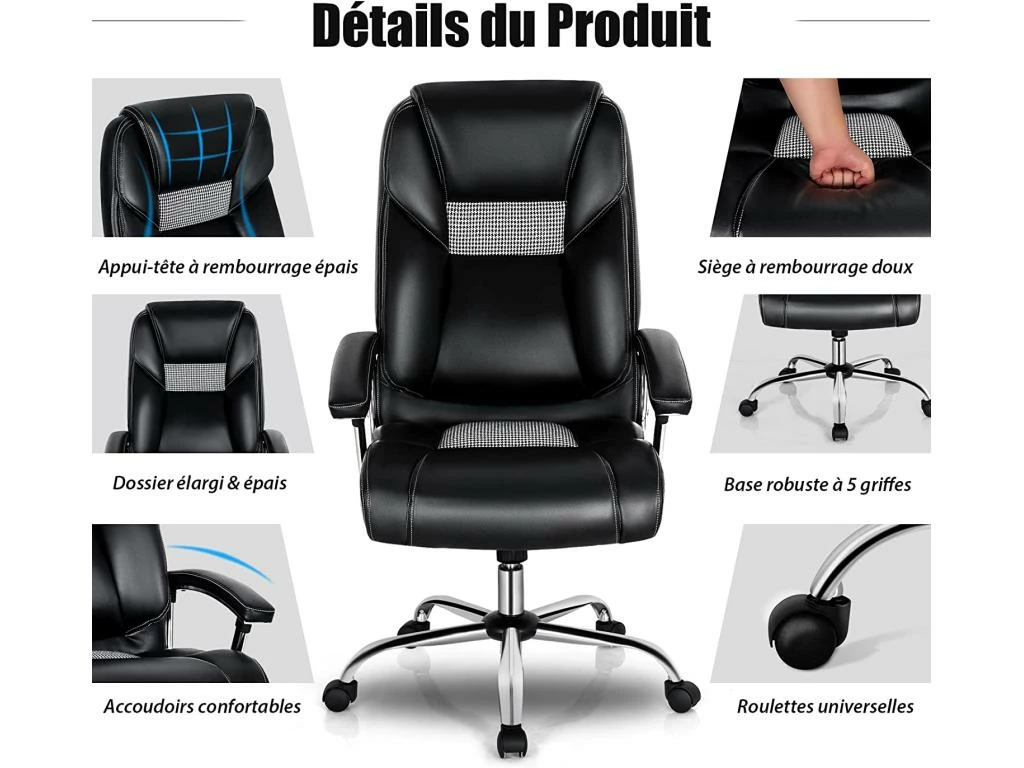 Chaise De Bureau à Dossier Haut, Fauteuil à Bascule Réglable En Hauteur 4 Chaise De Bureau à Dossier Haut, Fauteuil à Bascule Réglable En Hauteur – Image 4