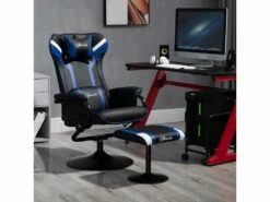 Fauteuil Gamer Inclinable Pivotant Avec Repose-pied - Coussins Lombaires, Tétière Inclus - Revêtement Synthétique Bleu Noir