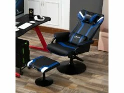 Fauteuil Gamer Inclinable Pivotant Avec Repose-pied - Coussins Lombaires, Tétière Inclus - Revêtement Synthétique Bleu Noir -mobilier de bureau Shop siege de bureau 14901325