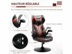Fauteuil Gaming Base Ronde Métal Pivotante 360° Hauteur Réglable Tétière Accoudoirs Relevables PVC Rouge Noir -mobilier de bureau Shop siege de bureau 18881167