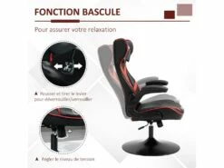 Fauteuil Gaming Base Ronde Métal Pivotante 360° Hauteur Réglable Tétière Accoudoirs Relevables PVC Rouge Noir -mobilier de bureau Shop siege de bureau 18881169