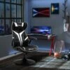 Fauteuil Gaming Base Ronde Métal Pivotante 360° Hauteur Réglable Tétière Accoudoirs Relevables PVC Blanc Noir