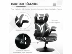 Fauteuil Gaming Base Ronde Métal Pivotante 360° Hauteur Réglable Tétière Accoudoirs Relevables PVC Blanc Noir -mobilier de bureau Shop siege de bureau 18881177